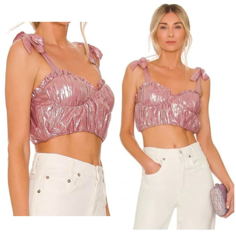 Revolve Majorelle Carola Pink Metallic Bustier Top Size Small Cropped Barbie